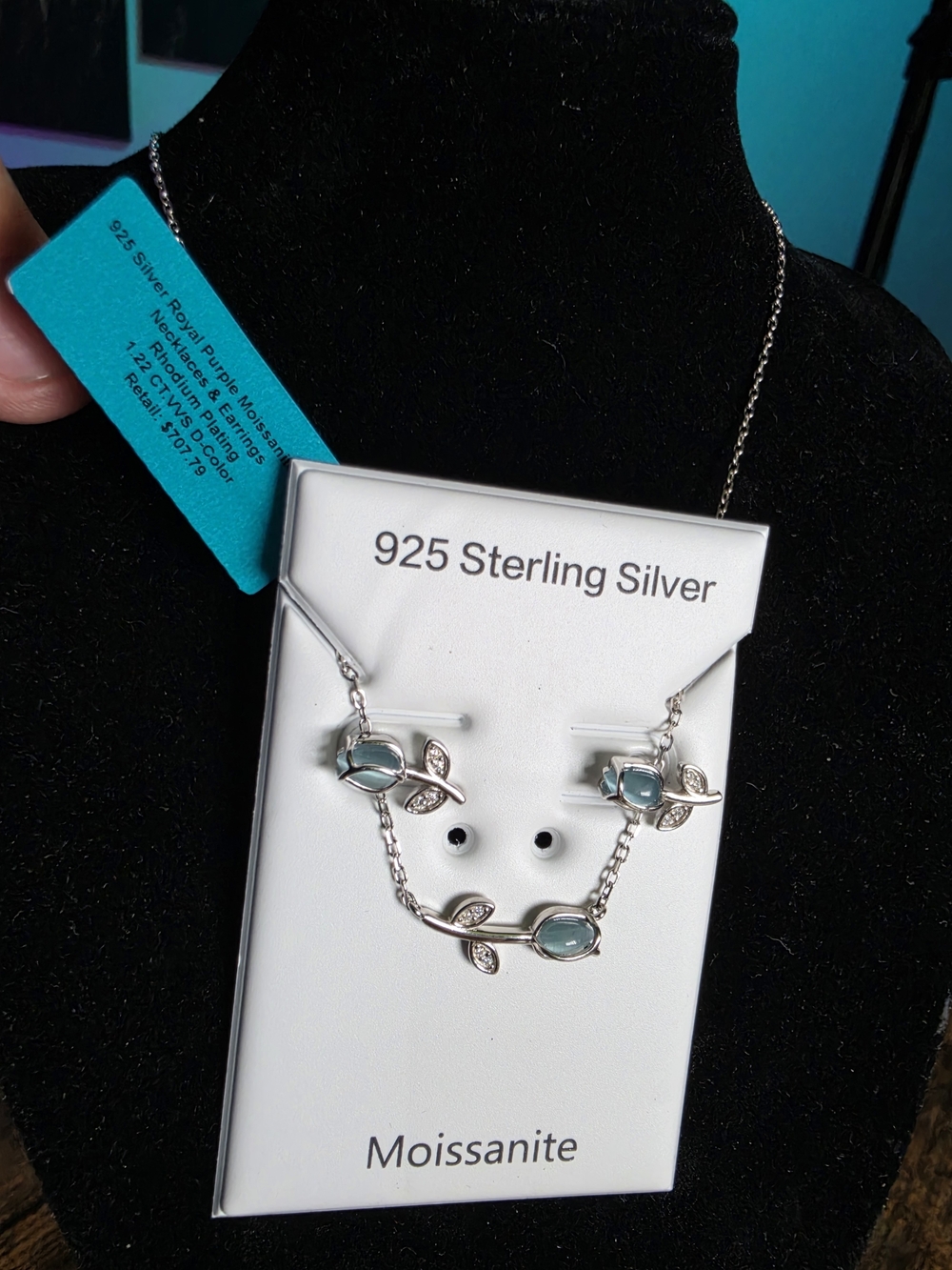 925 Sterling Silver Moissanite Leaf Necklace and Earrings Set in Aqua